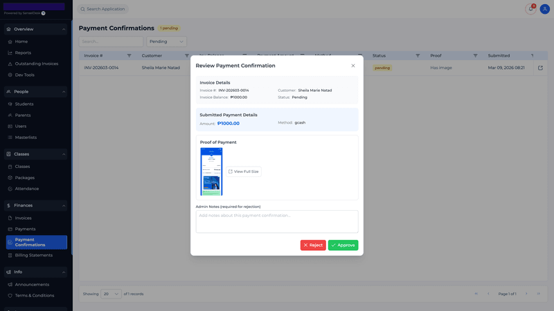 SenseiDesk Payment Confirmation Approval