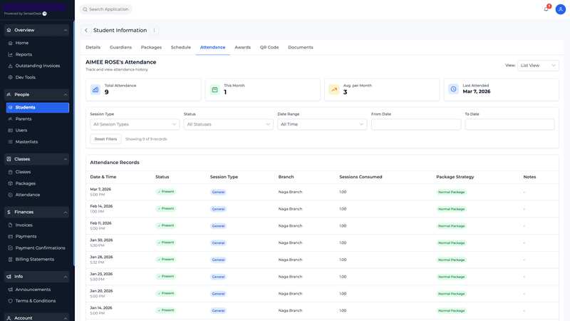 SenseiDesk Student Attendance